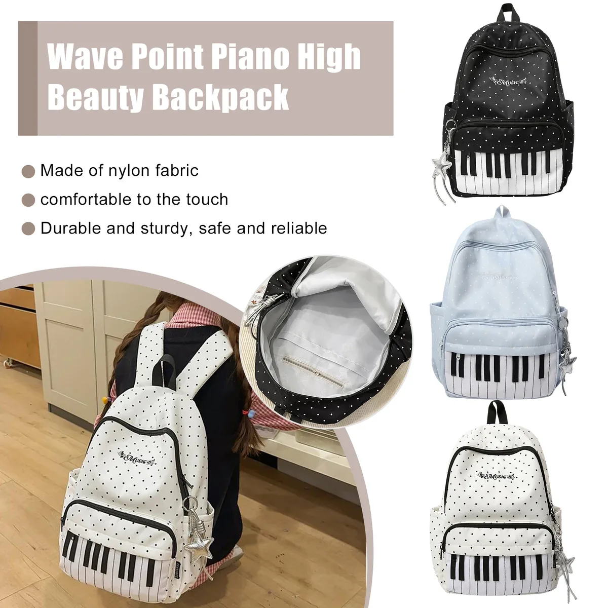 sac à dos décontracté en nylon de 16,9 pouces à pois avec motif clavier de piano et pendentif pour filles, idéal pour les voyages, le shopping et l'usage quotidien