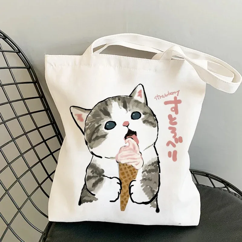 sac kawaii sac blanc sacs porté épaule sacs à provisions sacs à bandoulière en toile pour filles, sac de shopping à la mode, kawaii chats animaux mignons, sac de shopping, fourre-tout décontracté
