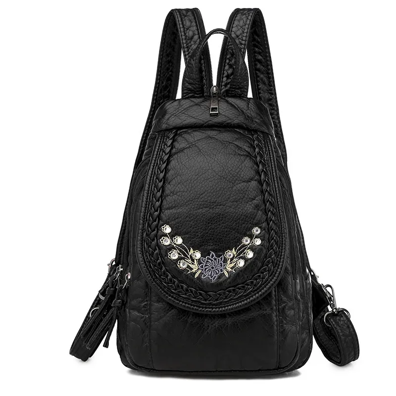 sacs à dos en cuir pu pour femmes, petit sac de voyage en cuir souple, sac à dos brodé pour dames