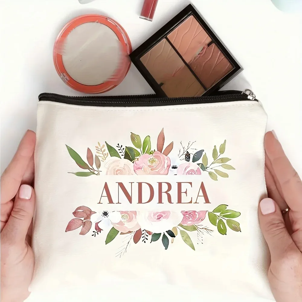 sac de maquillage personnalisé avec nom/texte, pochette à cosmétiques à double face imprimée à fleurs, sacs de rangement pour articles de toilette de voyage, 1 pièce