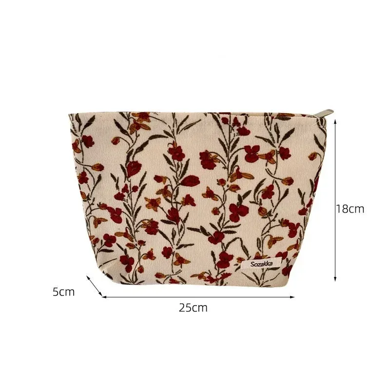 trousse de maquillage portable en velours côtelé pour femme, sac de rangement pour téléphone portable, trousse de maquillage pour fille, poudres, fleur vintage, voyage