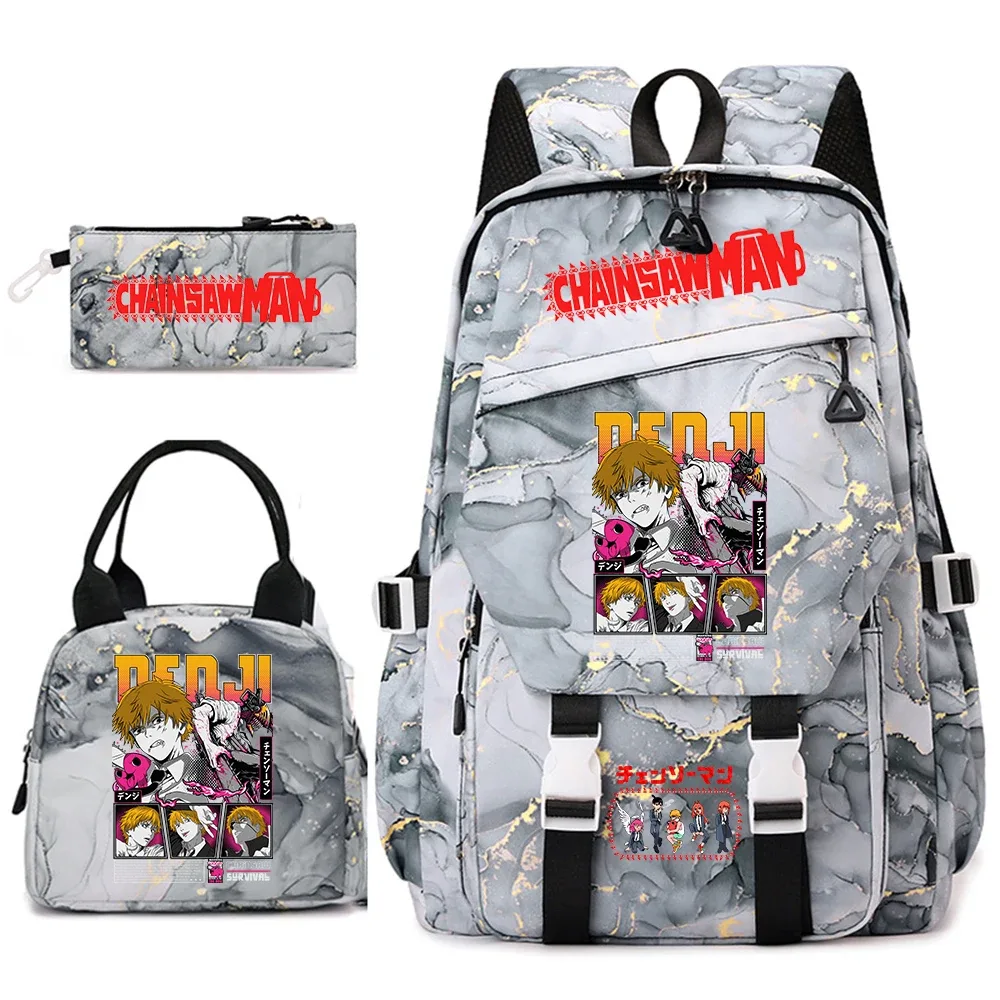 ensemble de sacs à dos pour étudiantes avec imprimé chainsaw man anime, pour filles, avec sac à lunch et trousse à crayons, pour une utilisation quotidienne à l'école
