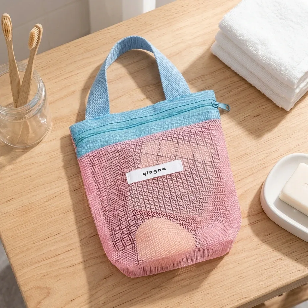 pochette de plage portable en maille transparente avec poignée, sac de voyage pour crème solaire, clés, câbles, organiseur de toilette