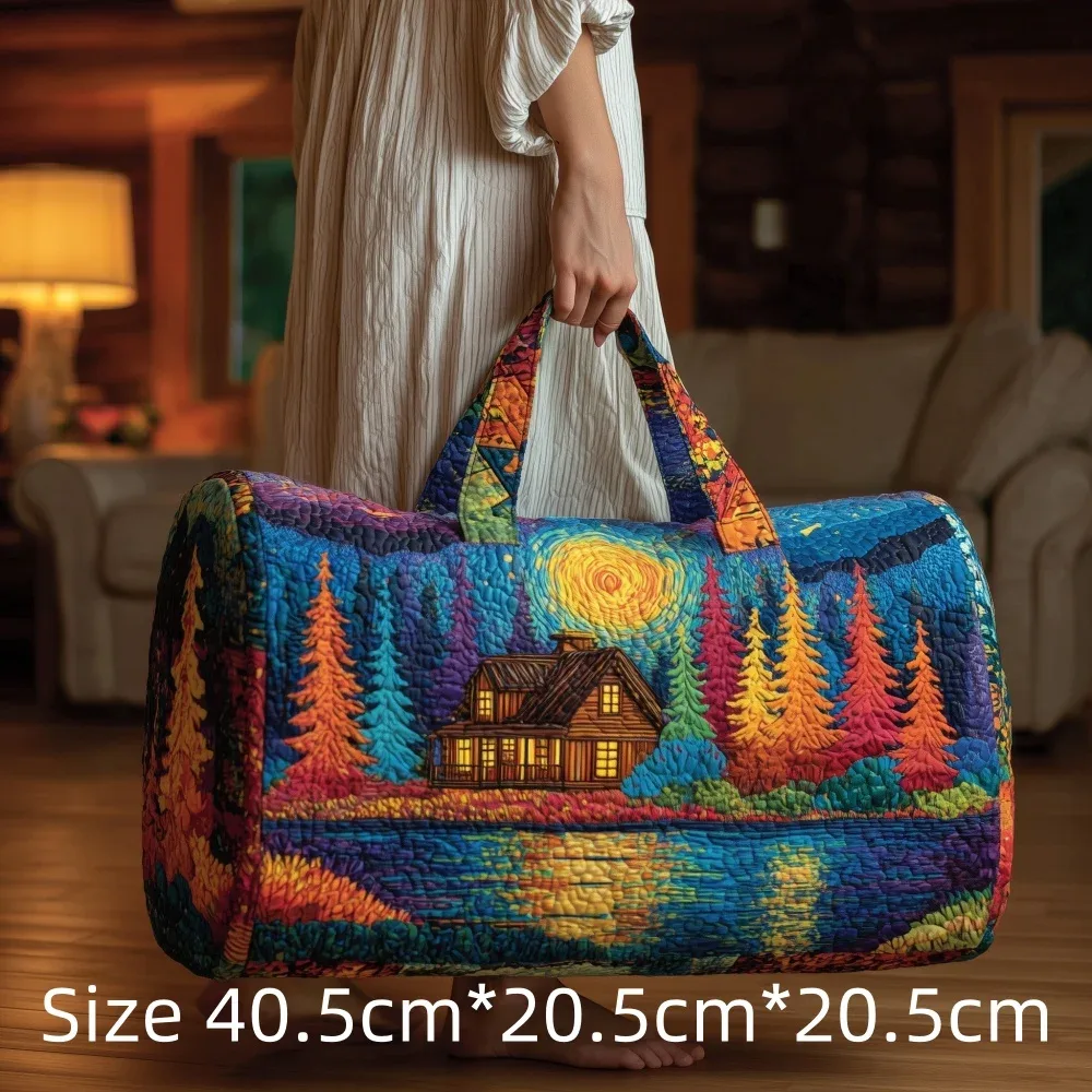 sac de voyage matelassé imprimé en 3d, fourre-tout de week-end, sac de sport, sac à main, motif cabane en montagne et forêt d'automne, paysage naturel vintage, pour femmes et hommes