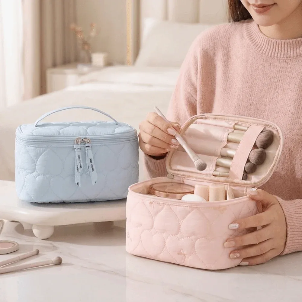 grande trousse de maquillage pour femmes, imprimé cœur, imperméable, sac de toilette de voyage, sac de rangement pour cosmétiques à double fermeture éclair, portable