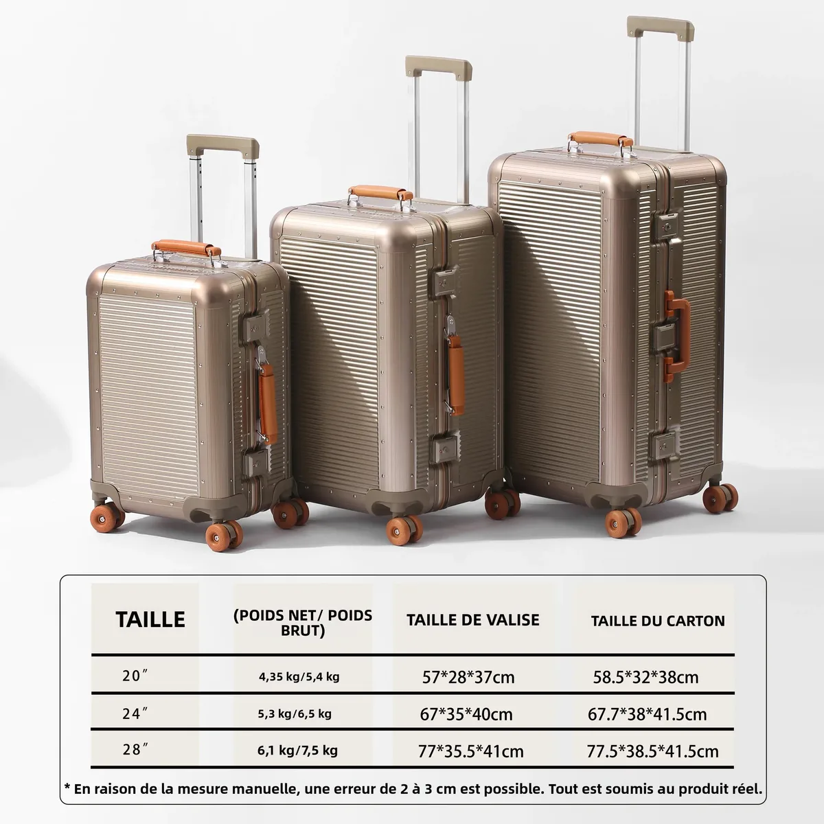 valise en aluminium avec cadre pc, 20/24/28 pouces, grande capacité 3:7, roues silencieuses en gel, serrure tsa, sac de voyage, porte-gobelet et crochet