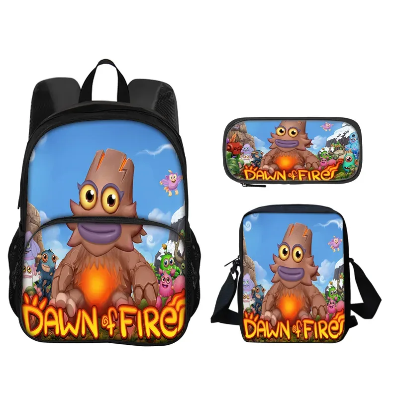 sac à dos my singing monsters, sac à stylos, sac à bandoulière, ensemble de 3 pièces imprimé pour garçons et filles de maternelle et d'école primaire