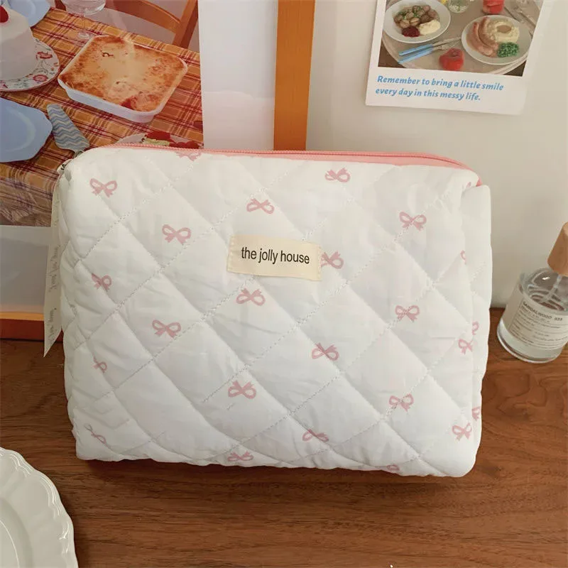 mode cerise fourre-tout femmes sac de maquillage portable mignon dames cosmétique toilette pochette de rangement sac à main coton matelassé sac à fermeture éclair