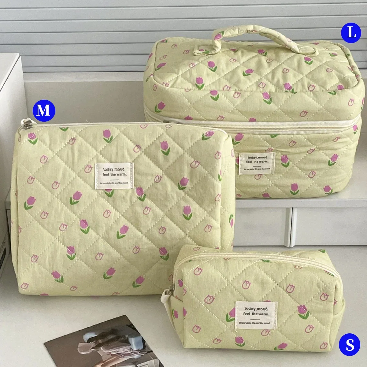 ensemble de trousses de toilette matelassées à fleurs style yt ins, en coton, pour organiser les cosmétiques, sacs de voyage pour articles de toilette, comme cadeau pour filles