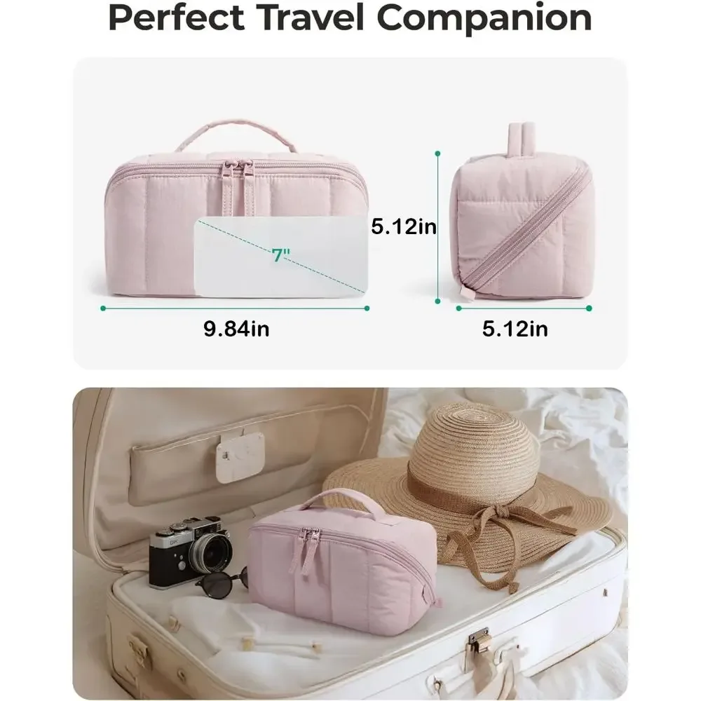 sac de maquillage de voyage portable, résistant à l'eau, étui cosmétique à ouverture plate, rembourré et matelassé, grande capacité, trousse de toilette pour femmes