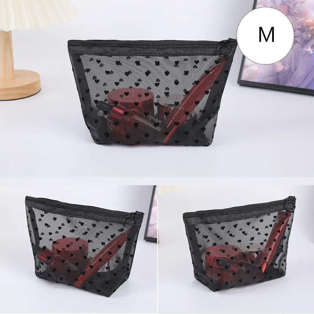 trousse de maquillage en velours de cœur noir en dentelle, sac de rangement transparent pour étudiant, trousse de toilette portable de voyage, trousse de maquillage universelle