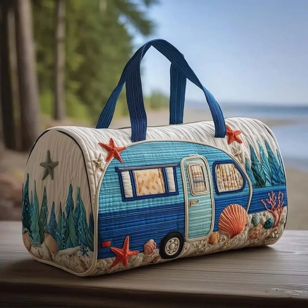 sac de voyage matelassé en éponge à grande capacité, imprimé bus, style rétro, forme de bus, fermeture éclair durable.