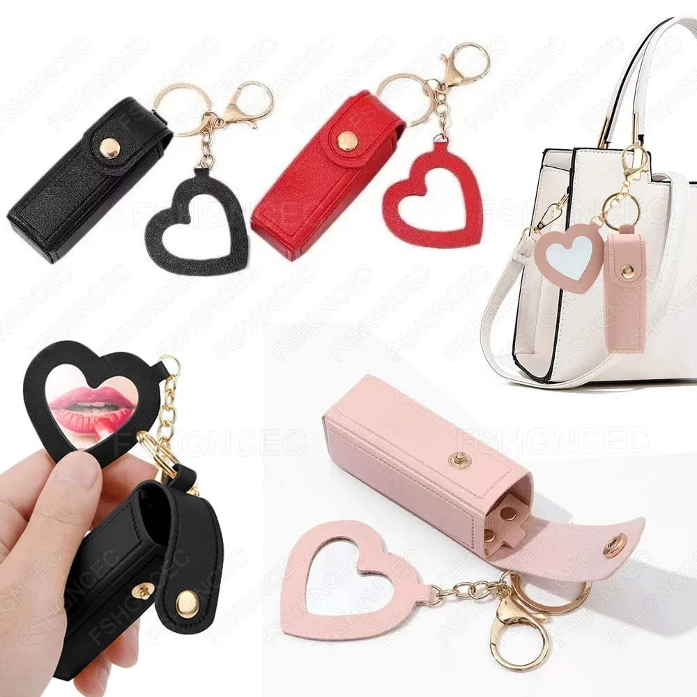 Pochette à rouge à lèvres portable en cuir pour femmes, trousse de maquillage, étui pour baume à lèvres, porte-clés, housse de protection pour rouges à lèvres avec miroir