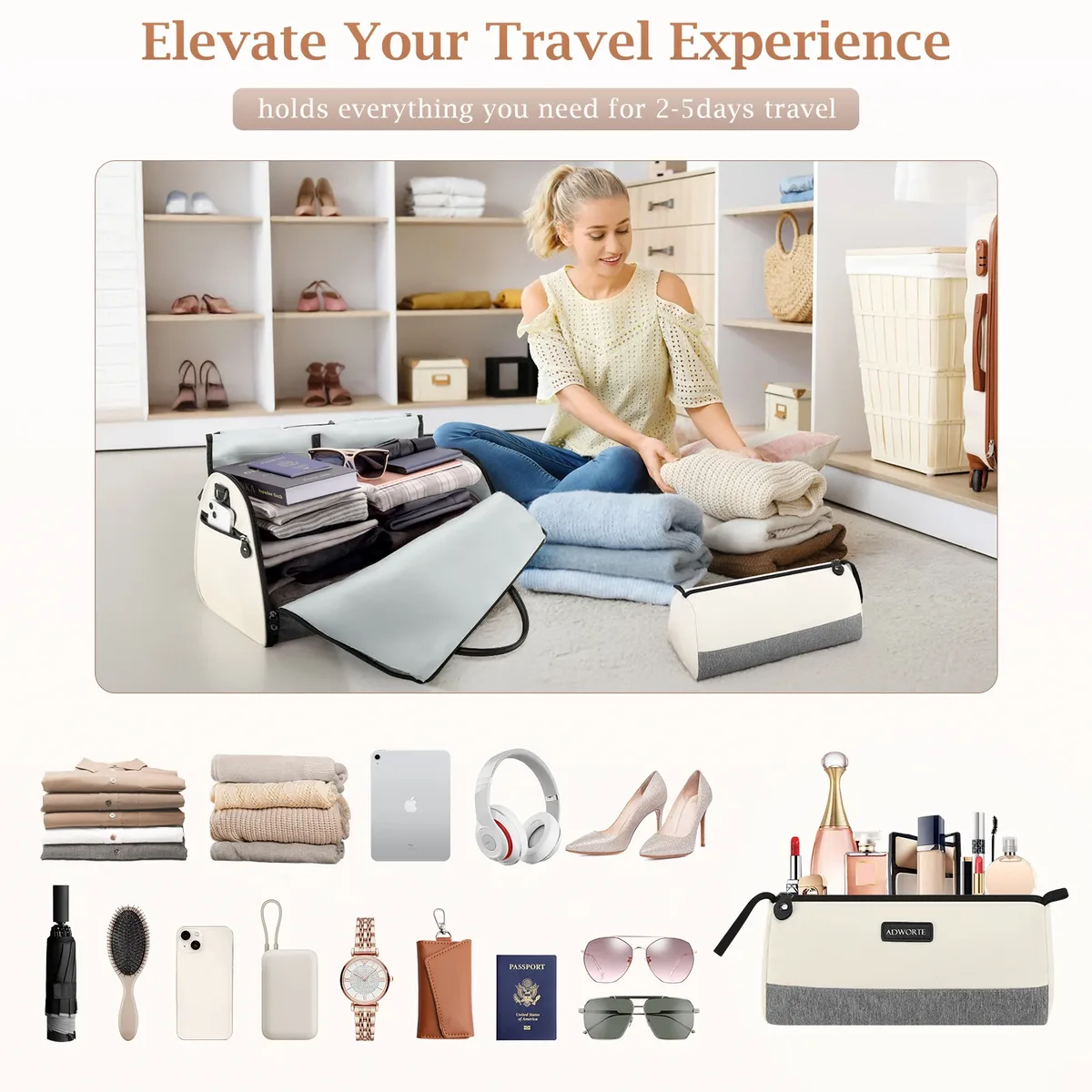 sac à vêtements de voyage, sacs polochons convertibles pour vêtements combinés avec compartiment à chaussures, trousse de toilette, sac de nuit pour week-end