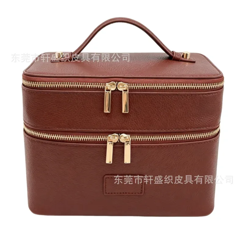 sac à main en cuir, style trousse de toilette, imperméable, grande capacité, sac de voyage pratique, sac de rangement pour maquillage, double couche, voyage décontracté