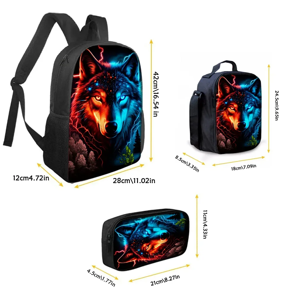 ensemble de 3 sacs à dos à motif loup, légers, grande capacité, sac d'école, sac de voyage avec sac à bandoulière, sacs à crayons, cadeau parfait pour les enfants