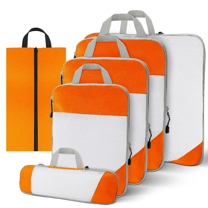 sac de rangement en nylon imperméable à compression de voyage portable, ensemble de pochettes de rangement à motif de grille visuelle pour l'organisation du voyage
