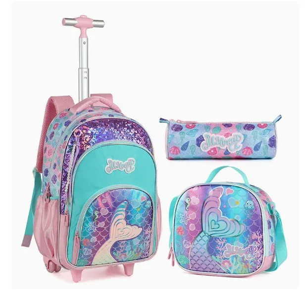 sac à dos à roulettes pour filles, sac à dos à roulettes mignon, bagage à main pour enfants avec boîte à lunch et trousse à crayons pour l'école primaire