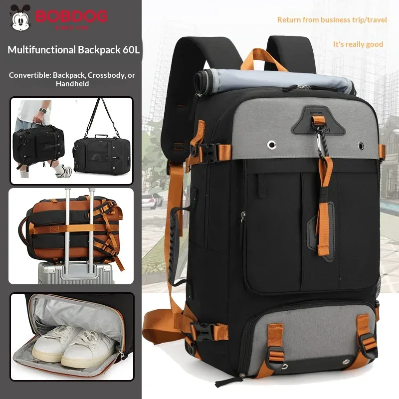 Sac à dos de voyage de grande capacité 60L pour hommes, sac à dos extensible pour voyage en plein air, grand sac à bagages avec compartiment pour chaussures