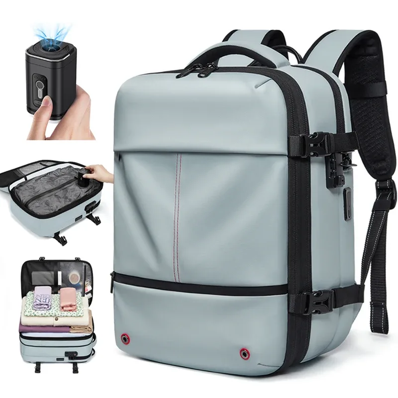 Sac à dos de voyage décontracté 16 pouces, sac à dos pour ordinateur portable à compression sous vide, sac à dos scolaire avec port de charge USB, sac à dos de randonnée et d'affaires extensible