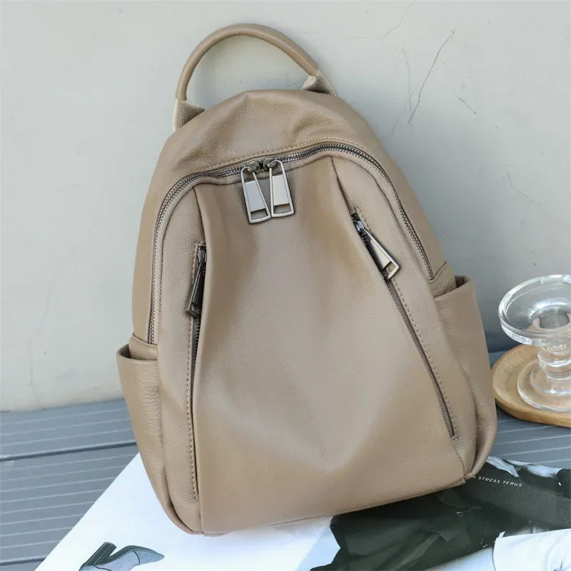 sac à dos décontracté en cuir véritable pour femmes et filles, sac à bandoulière d'école à la mode, motif solide, sac de voyage en cuir de vache