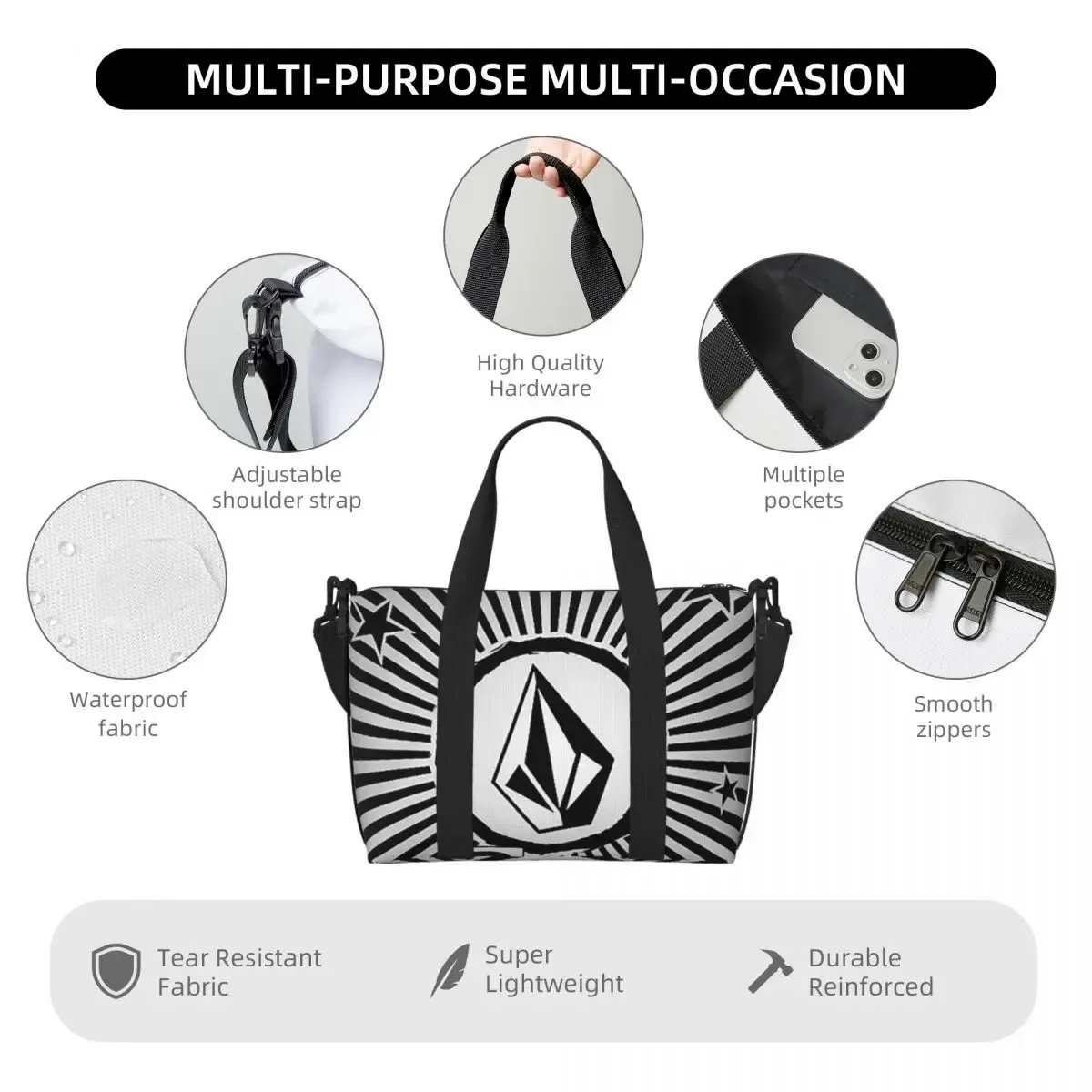 sac de voyage de plage avec logo v-volcom personnalisé, fourre-tout de grande capacité pour salle de sport, yoga, sac à bandoulière de shopping pour femmes