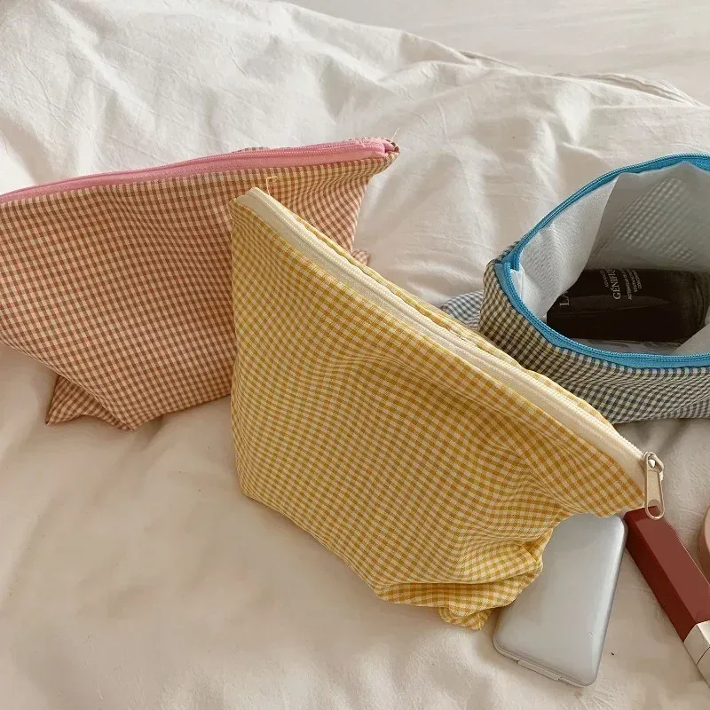 Sac de rangement de maquillage à carreaux en coton pour femmes, organisateur de produits de toilette, sac à cosmétiques de voyage, pochette de lavage, sacs à crayons pour étudiants