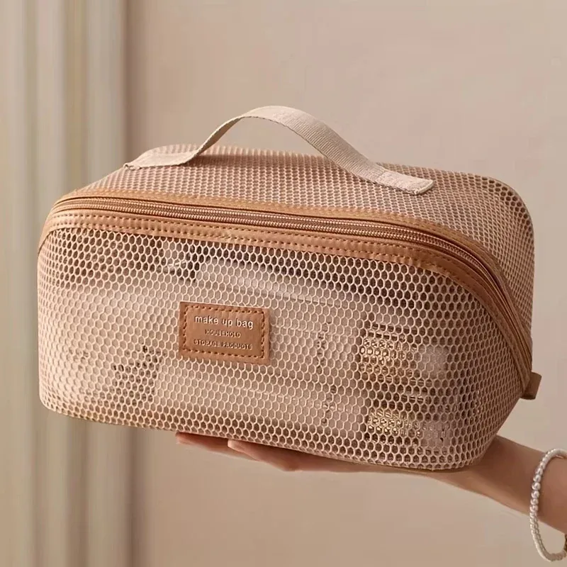 Sac de maquillage en maille transparente, léger, portable, grande capacité, trousse de toilette de voyage, sac multifonctionnel à plusieurs compartiments