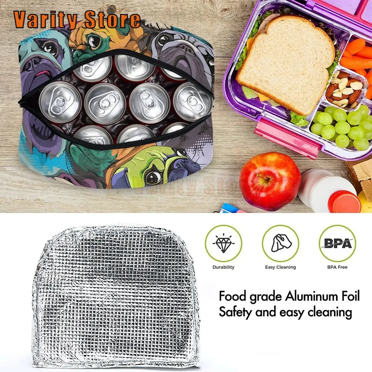 pop art pdpdogs-sac fourre-tout à déjeuner réutilisable avec poche avant, sac isotherme thermique isolé pour la rentrée scolaire, le travail, le pique-nique