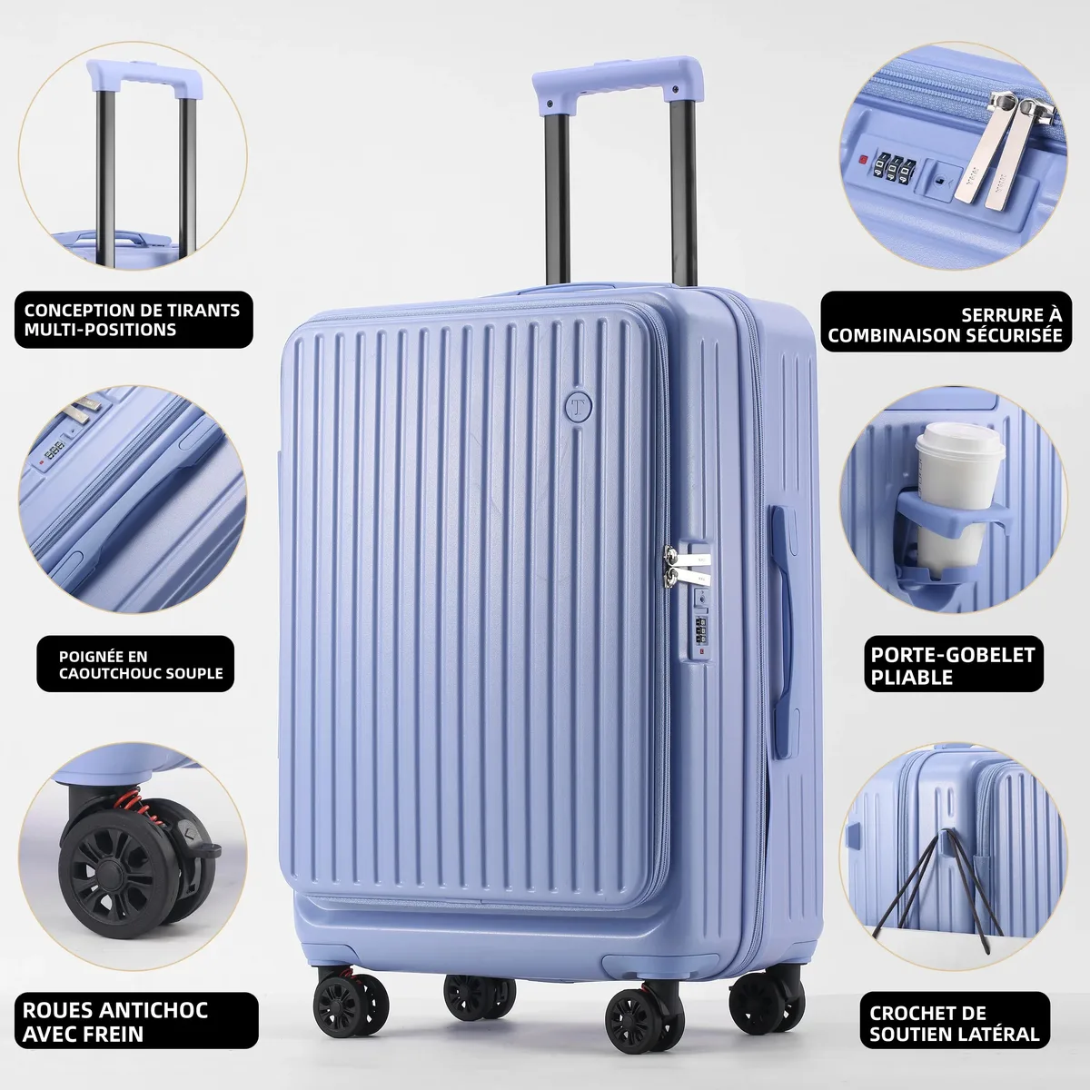 valise multifonctionnelle extensible à ouverture frontale avec porte-gobelet, crochet, frein, roues silencieuses et serrure à combinaison