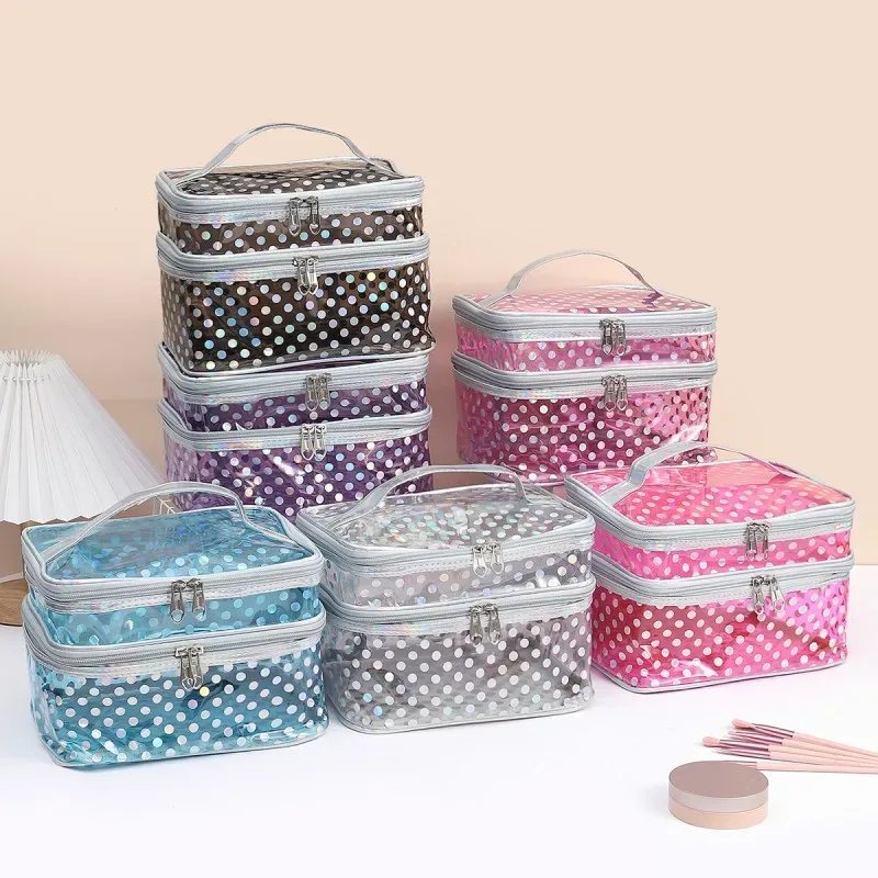 trousse de maquillage double couche en pvc transparent à pois, trousse de maquillage multifonctionnelle portable et étanche, grande capacité, rangement de voyage