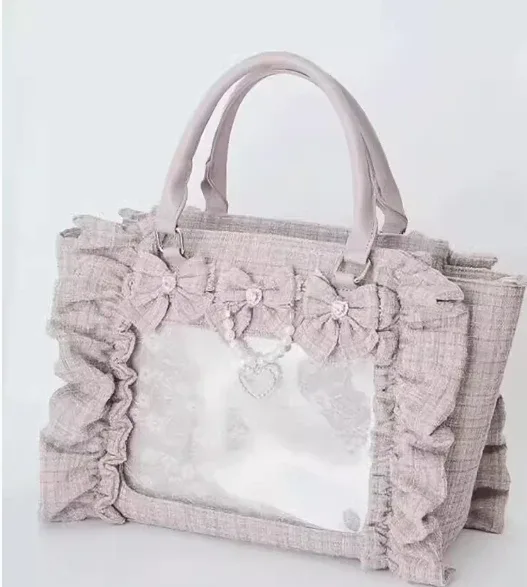 sac à main en dentelle à volants pour femmes et filles, sacoche de style japonais, fourre-tout carré avec nœud papillon en perles, sacs à main portables initiés