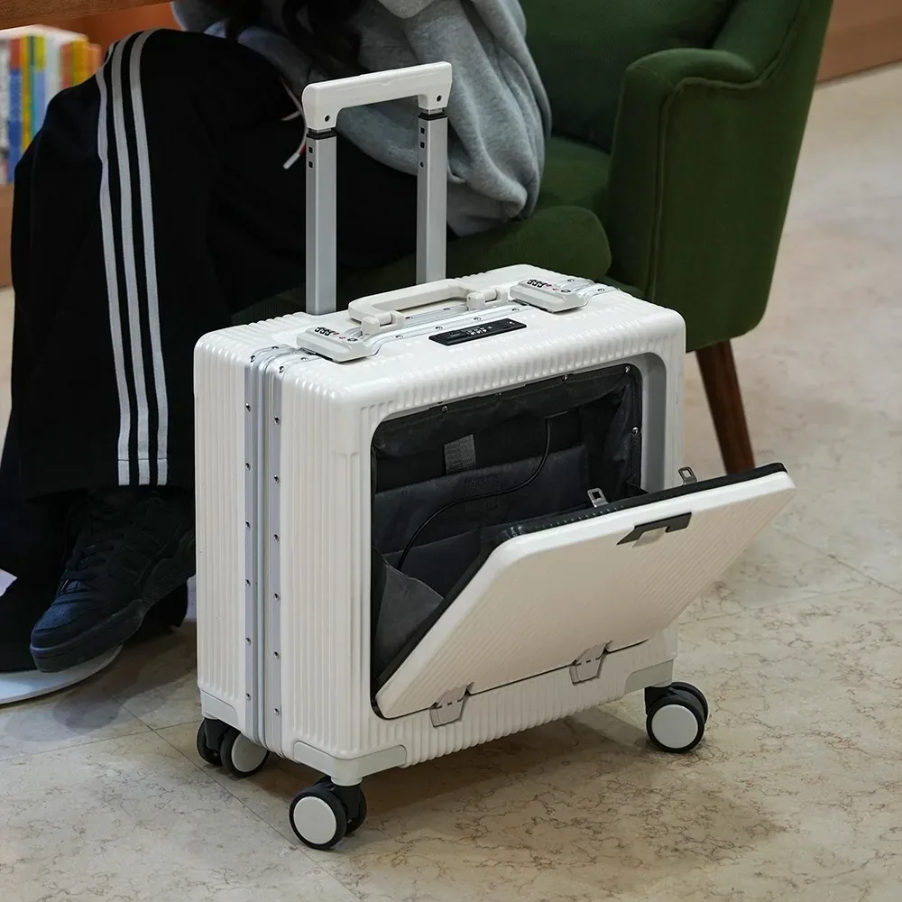 Valise de poche à ouverture avant, cadre en alliage d'aluminium, bagages roulants de 18 pouces, sacs de chariot de voyage à main avec roue rotative