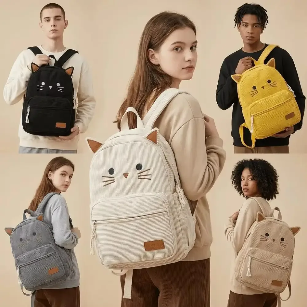 Sac à dos chat de dessin animé mignon et léger en velours côtelé imprimé multicolore, idéal pour étudiants, cadeau parfait