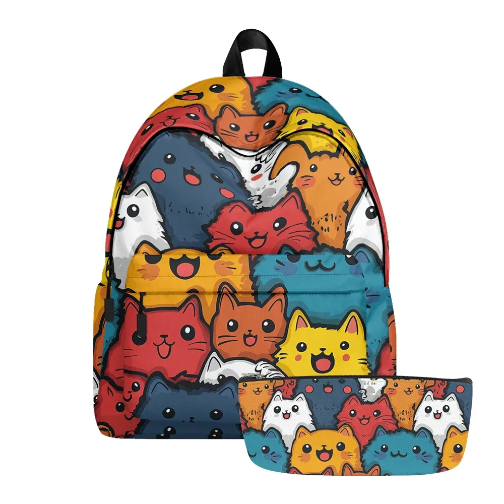 sac à dos imprimé chats de dessin animé mignon, sacs à crayons, bretelles réglables, sac d'école léger et durable, sac de jour de voyage pour adolescents, ensembles