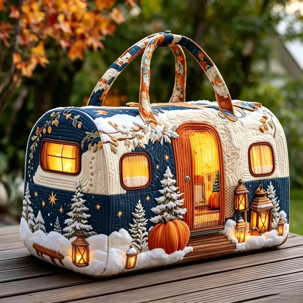 sac à main matelassé vintage de noël pour femme, motif camping-car, broderie 3d neige, citrouille, pin, lanterne, grande capacité, sac de voyage