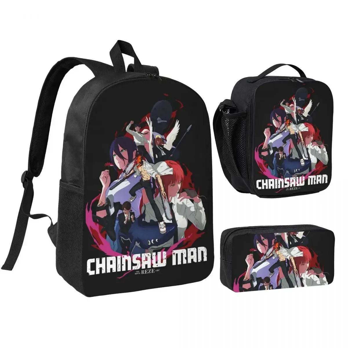 anime tronçonneuse homme 3pecs/ensemble sac à dos pour étudiant ordinateur portable sac à bandoulière sac à déjeuner trousse à crayons