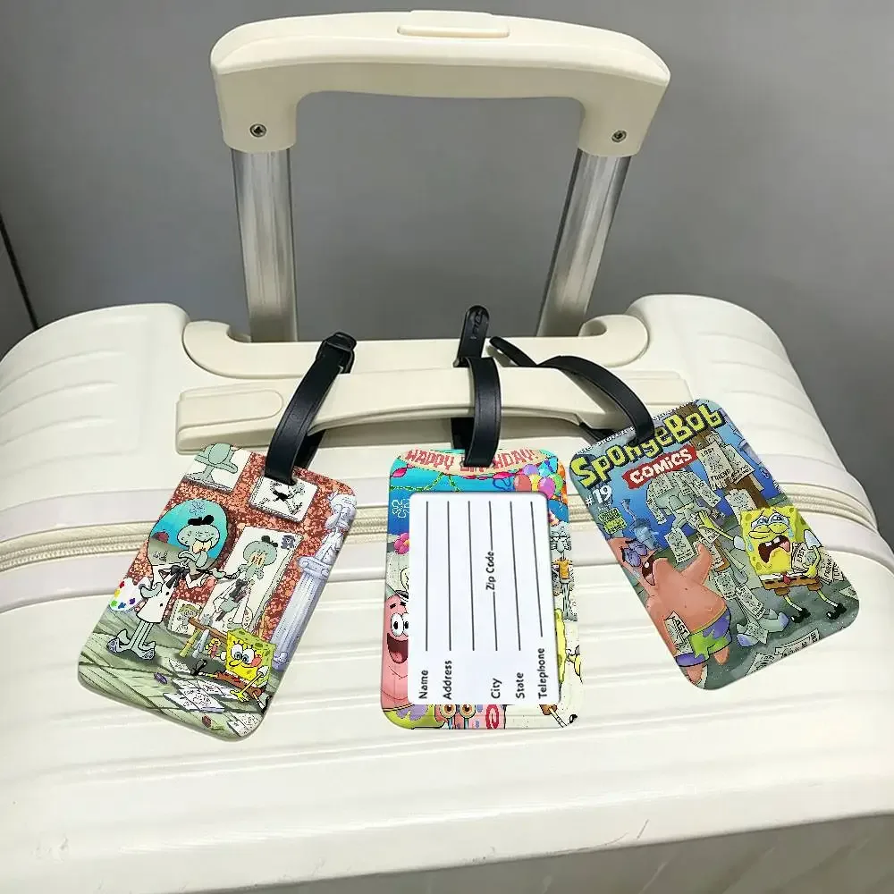 étiquette de bagage portable anti-perte en pvc, motif dessin animé mignon s-spongebob, porte-carte d'informations pour valise, sac à dos, étiquette de voyage