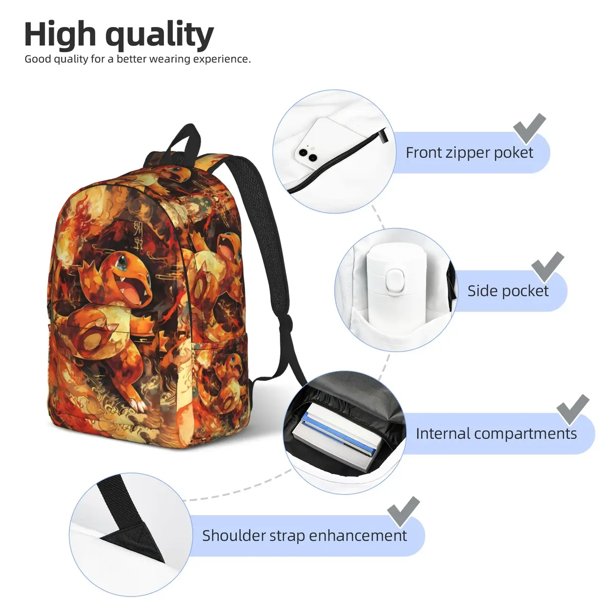 sac à dos tendance sur le thème de pokémon charmander fire, mochilas, sac à dos décontracté pour l'école, grande capacité