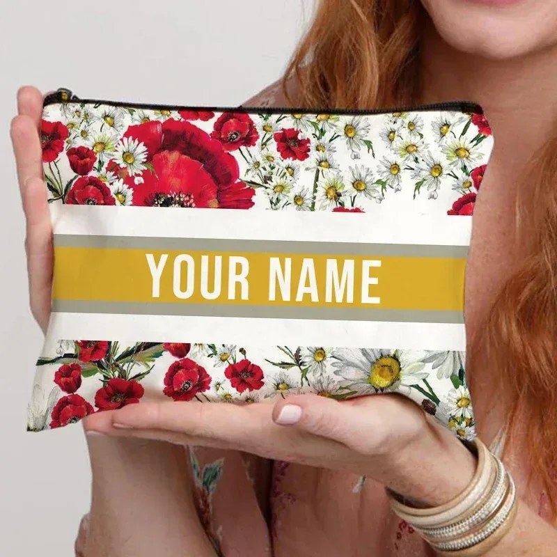 organisateur de cosmétiques de voyage avec nom personnalisé, pochette de rangement pour fournitures de bureau pour femmes, sac de maquillage en toile cadeau personnalisé, trousse à crayons