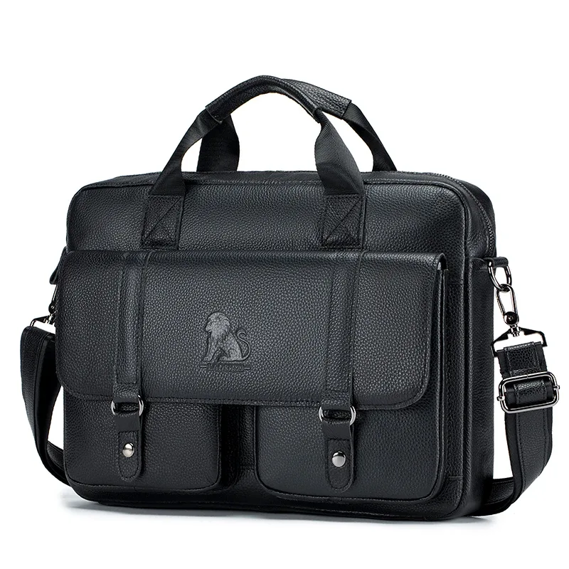 porte-documents pour homme en cuir véritable avec deux poches avant, sac pour ordinateur de grande capacité, sac à main diagonal