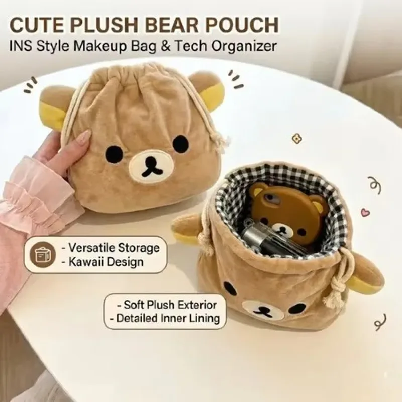 Sac à cordon avec motif d'ours de dessin animé, pochette à cosmétiques de grande capacité, étui de rangement portable pour câbles USB, bijoux, pinceaux de maquillage