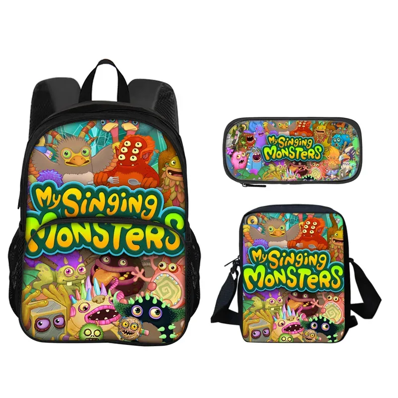 sac à dos my singing monsters, sac à stylos, sac à bandoulière, ensemble de 3 pièces imprimé pour garçons et filles de maternelle et d'école primaire