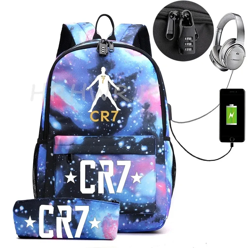 sac à dos usb cr7 pour femmes et hommes, sac à dos de voyage décontracté anti-vol, sacs d'école pour adolescents avec capacité pour ordinateur portable, avec trousse à crayons, 2 pièces