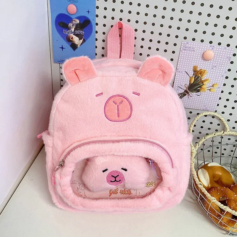 nouveau sac à bandoulière double en peluche capybara-mignon et polyvalent, sac à dos d'étudiant cochon d'inde de dessin animé mignon avec compartiment de rangement