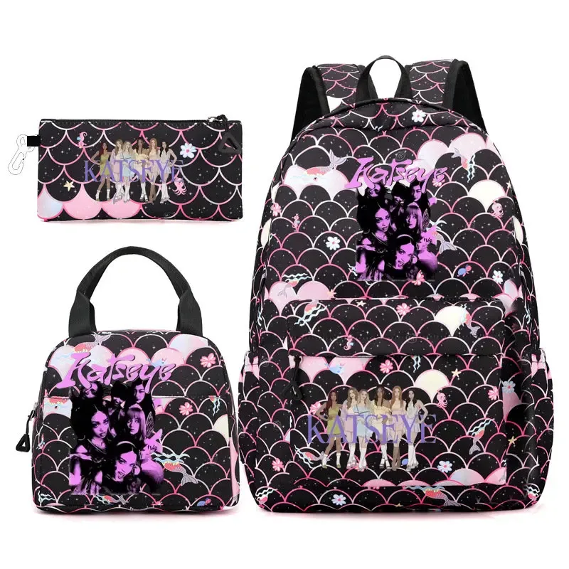 ensemble de sacs à dos katseye 3 pièces, sac à dos grande capacité pour étudiants avec sac à lunch et trousse à crayons, sac à dos décontracté et tendance