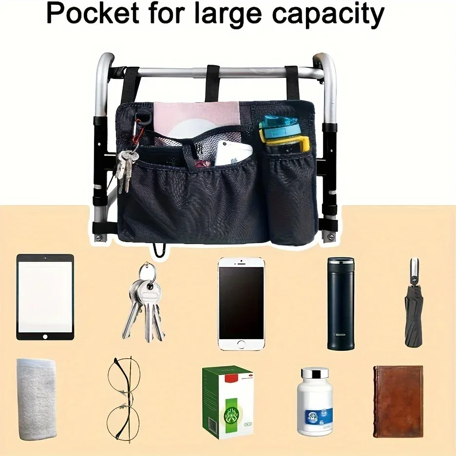 sac de rangement multi-poches en nylon imperméable : à suspendre latéralement pour déambulateurs/fauteuils roulants, rangement portable