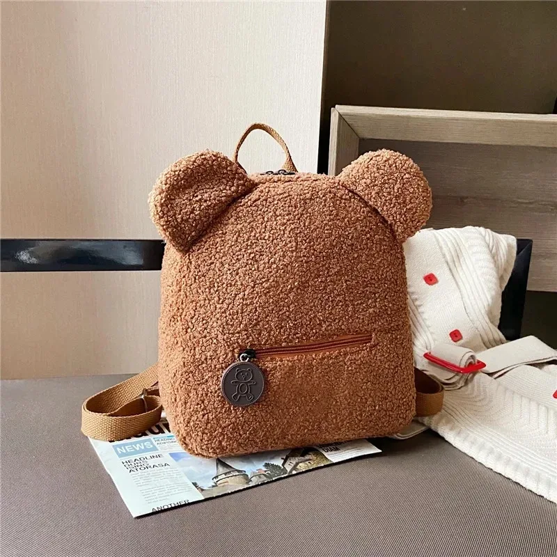 sac à dos en polaire avec oreilles d'ours pour enfants, 1 pièce, petit sac à dos décontracté en laine d'agneau pour filles, cartable pour voyage et shopping