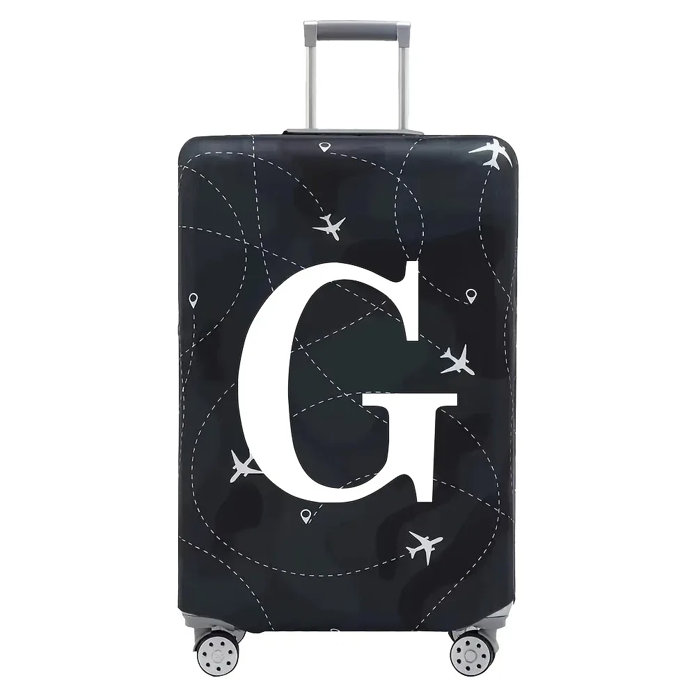 cette housse de valise extensible s'adapte aux valises de 18 à 32 pouces et présente un motif de lettres a-z blanches imprimé sur la surface.