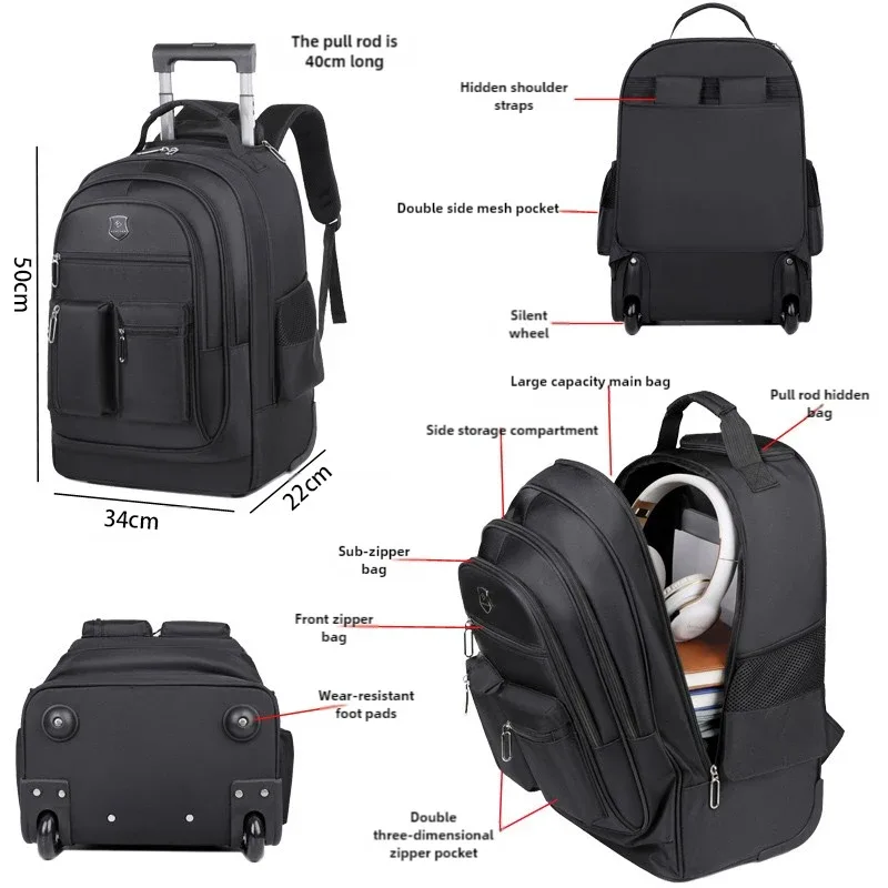 sac à dos de voyage de grande capacité avec roulettes pour hommes, nervures cachées, bagage à main étanche, sac de voyage de week-end, voyage d'affaires, le plus récent